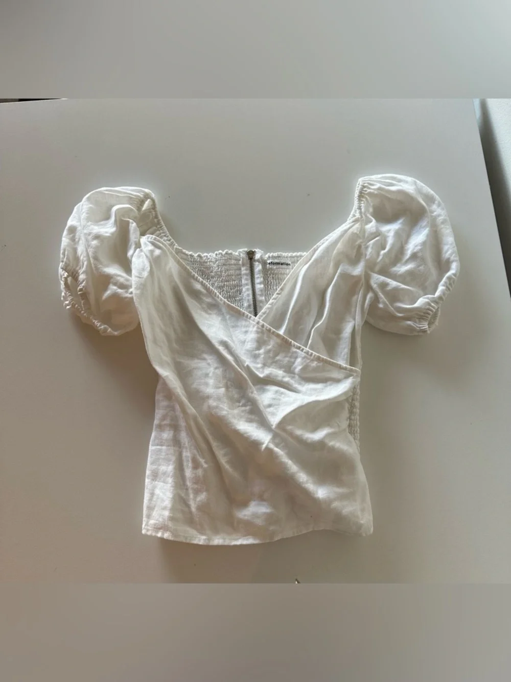 Reformation Framboise White Linen Wrap Top Coquette Puff Sleeve 10